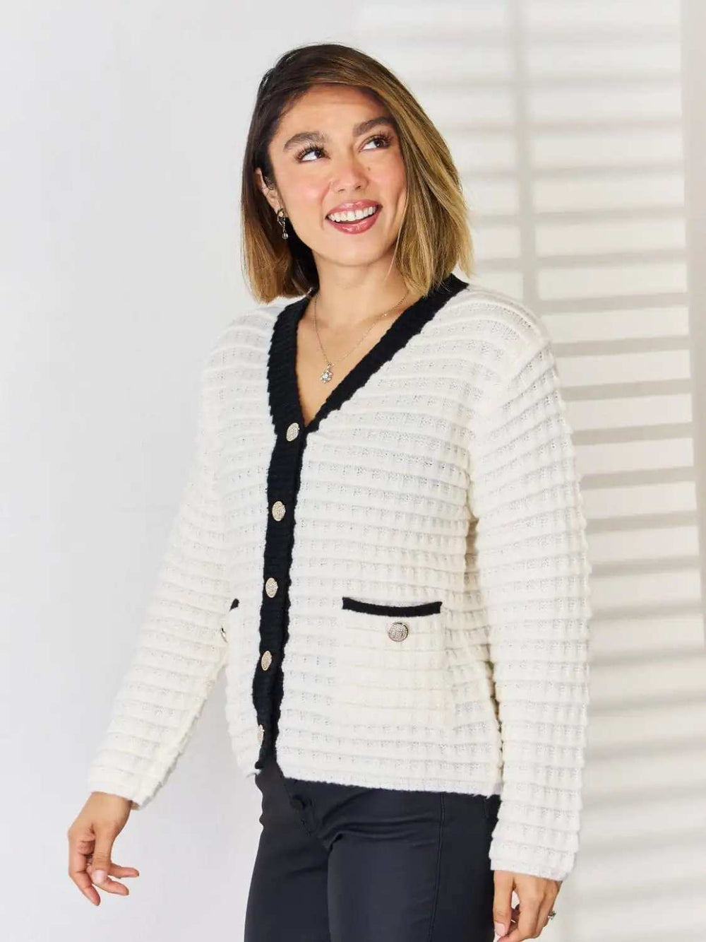 Contrast Trim Button Up Cardigan - Trendsi - Flyclothing LLC