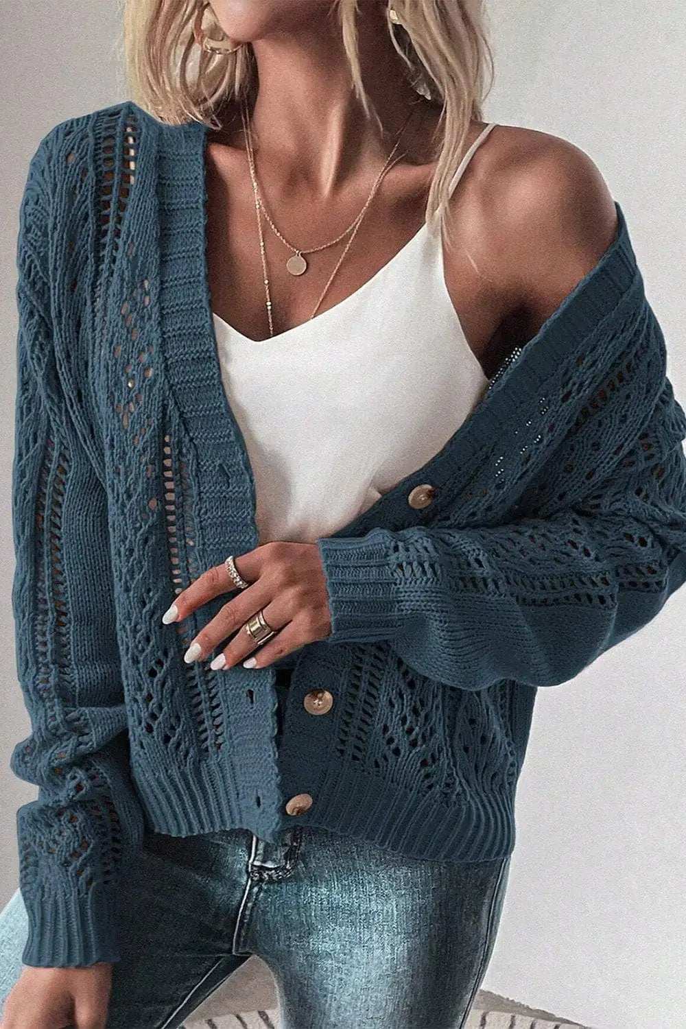 Openwork Button Up Long Sleeve Cardigan - Trendsi - Flyclothing LLC