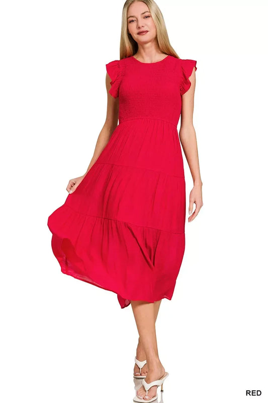 Zenana Woven Smocked Ruffle Sleeve Midi Dress - Trendsi - Flyclothing LLC