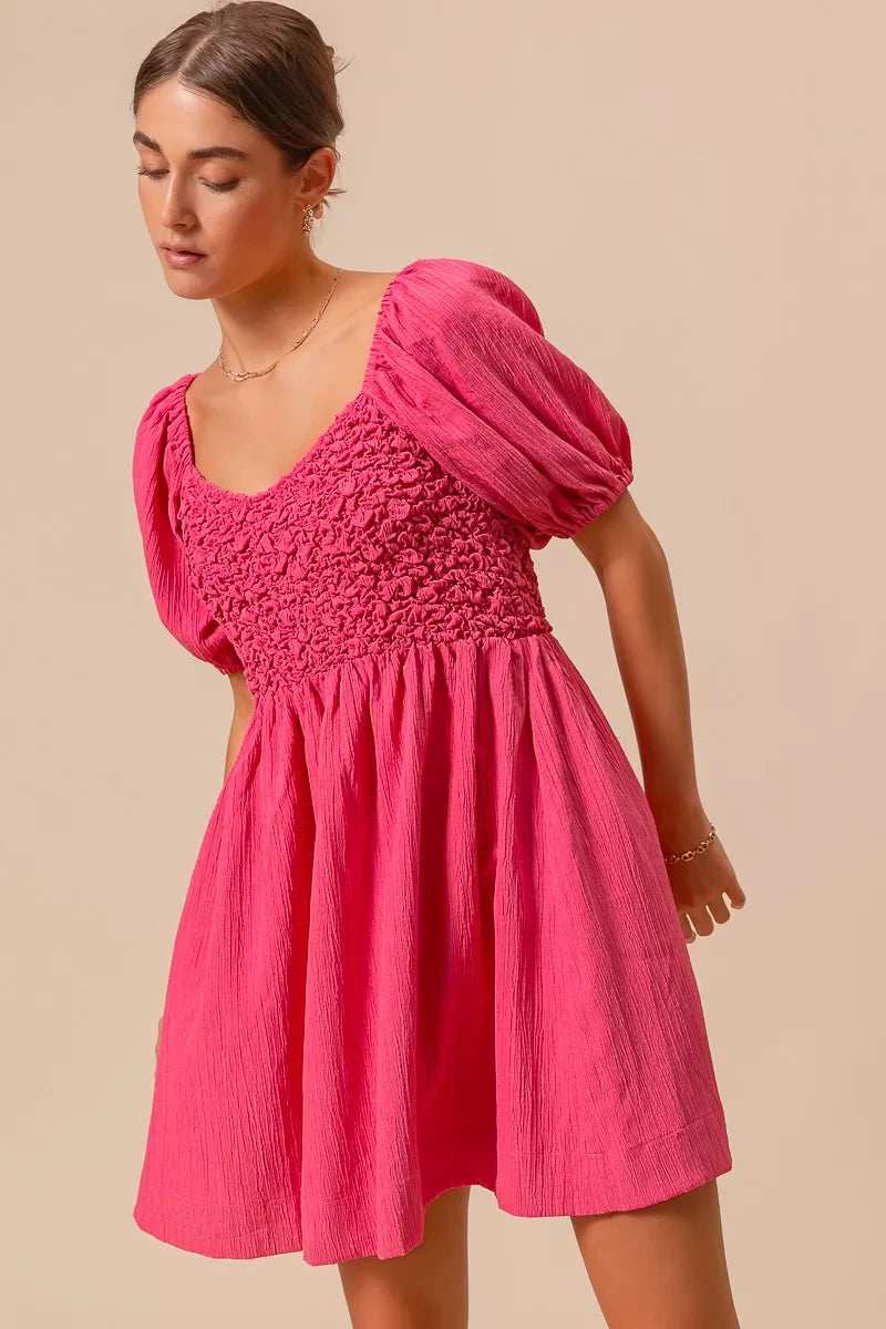 SO ME Textured Woven Daily Dress with Puff Sleeves - Trendsi - Flyclothing LLC