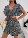Cutout Ditsy Floral Surplice Flounce Sleeve Dress - Trendsi - Flyclothing LLC