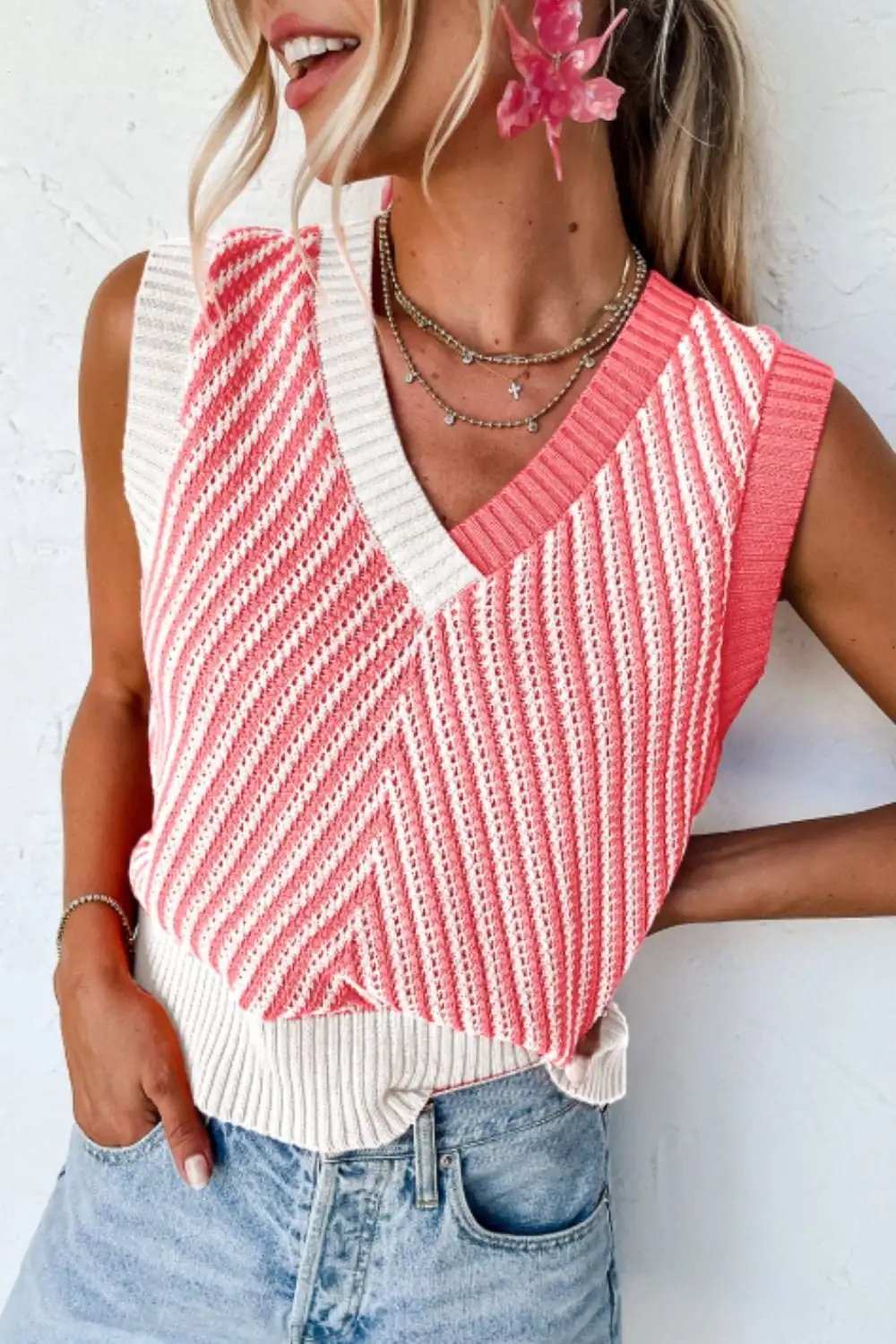 Striped Contrast V-Neck Sweater Vest - Trendsi - Flyclothing LLC
