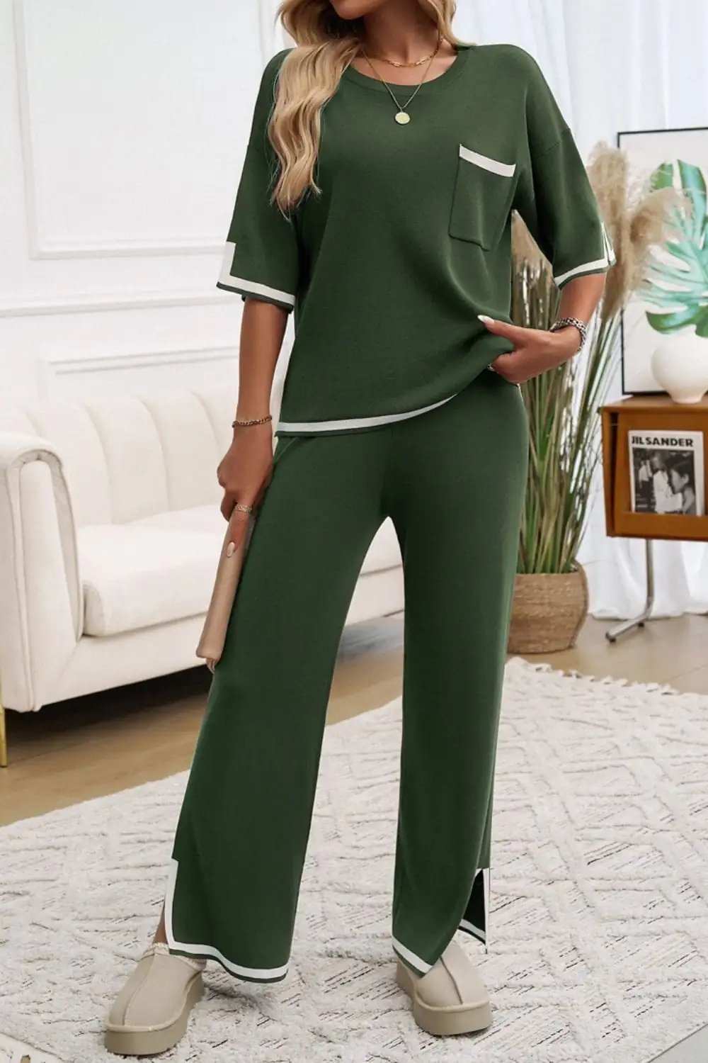 Devine Contrast Trim Half Sleeve Top and Pants Set - Trendsi - Flyclothing LLC