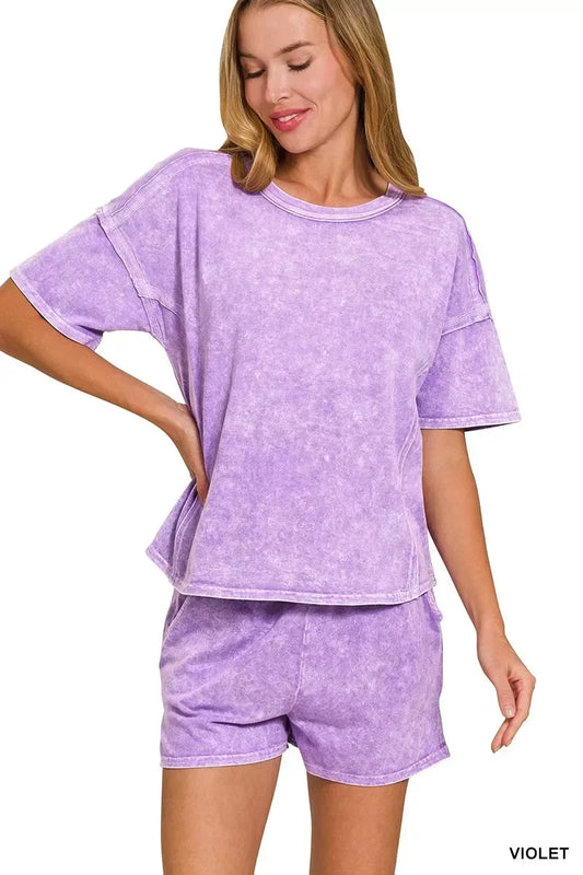Zenana Halo Snow Washed Short Sleeve Tee and Shorts Set - Trendsi - Flyclothing LLC