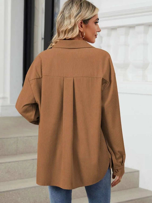 Button Up Dropped Shoulder Long Sleeve Outerwear - Trendsi - Flyclothing LLC