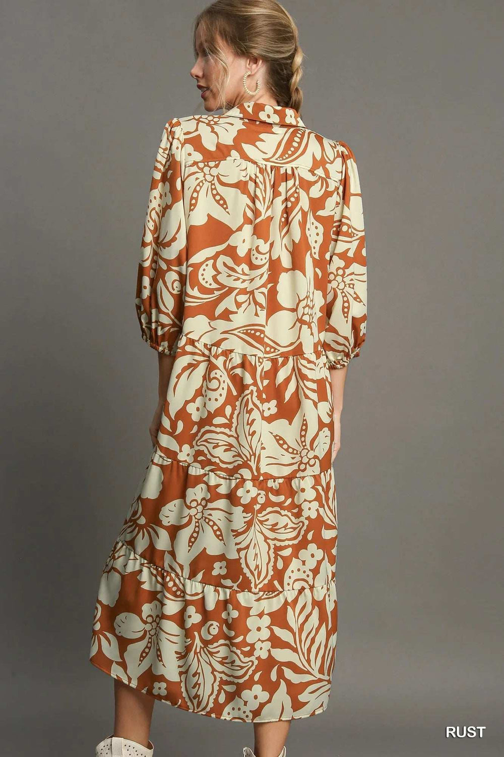 Umgee Full Size Floral Tiered Midi Shirt Dress Plus Size - Trendsi - Flyclothing LLC