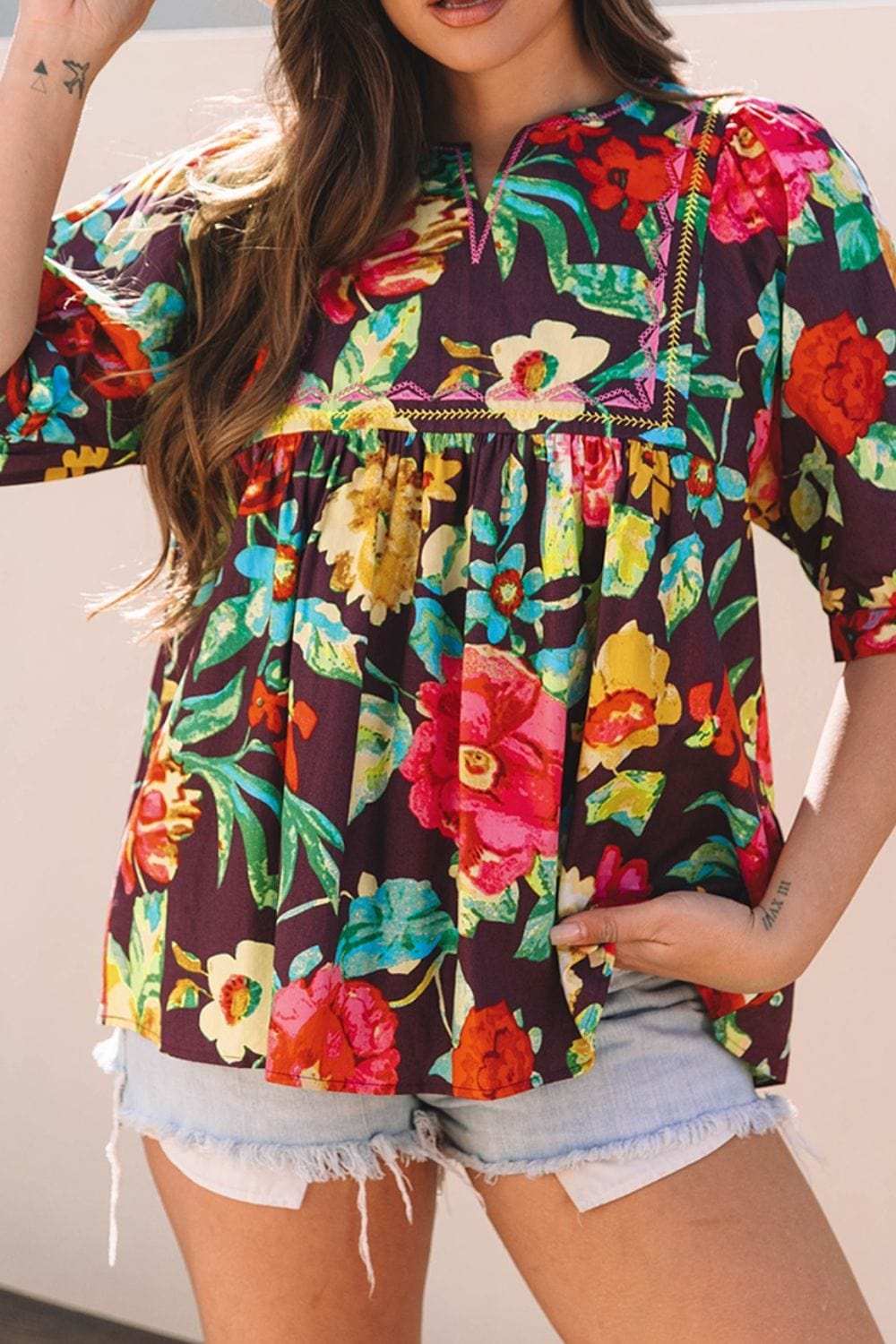 Flower Embroidered Trim Half Sleeve Blouse - Trendsi - Flyclothing LLC