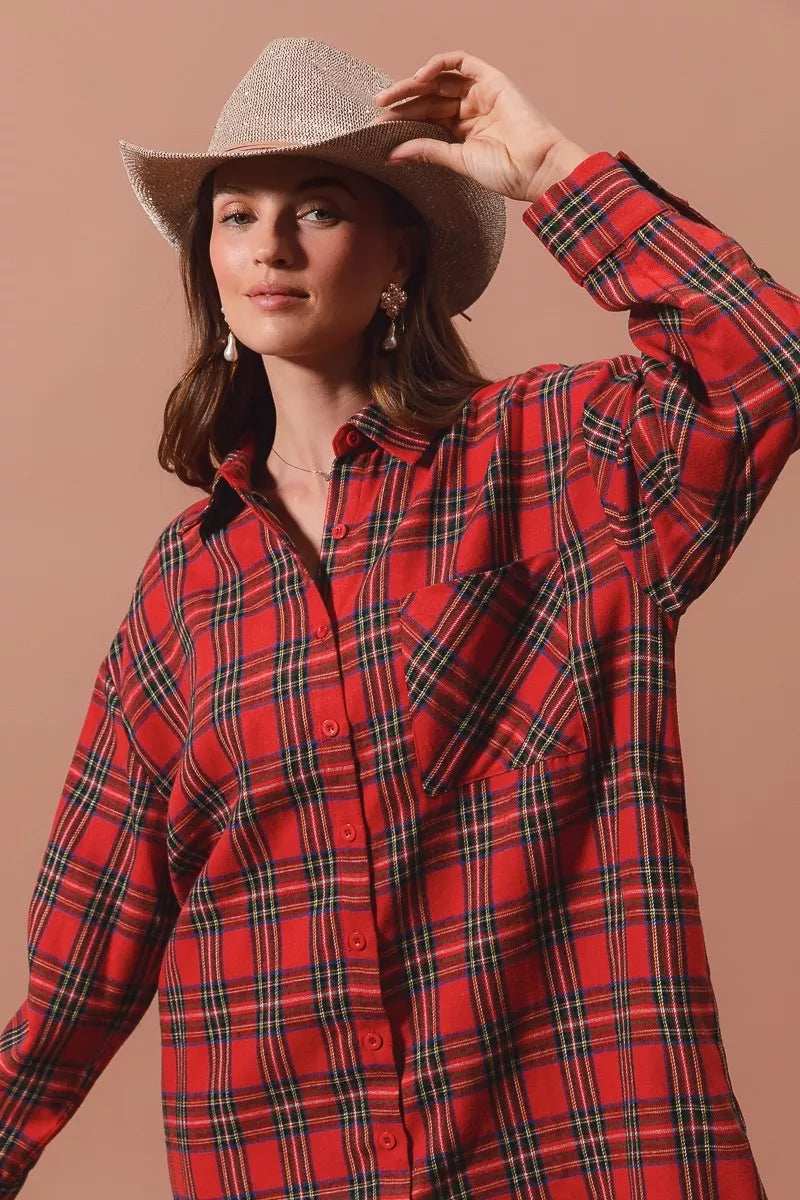 SO ME Christmas Checker Plaid Button Up Shirt Dress - Trendsi - Flyclothing LLC