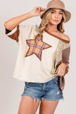 SAGE + FIG Round Neck Plaid Star Patch T-Shirt - Trendsi - Flyclothing LLC