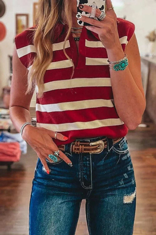 Collared Neck Striped Sweater Vest - Trendsi - Flyclothing LLC