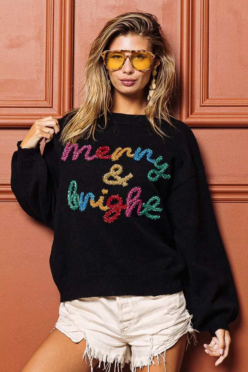 BiBi Tinsel Lettering Christmas Sweater - Trendsi - Flyclothing LLC
