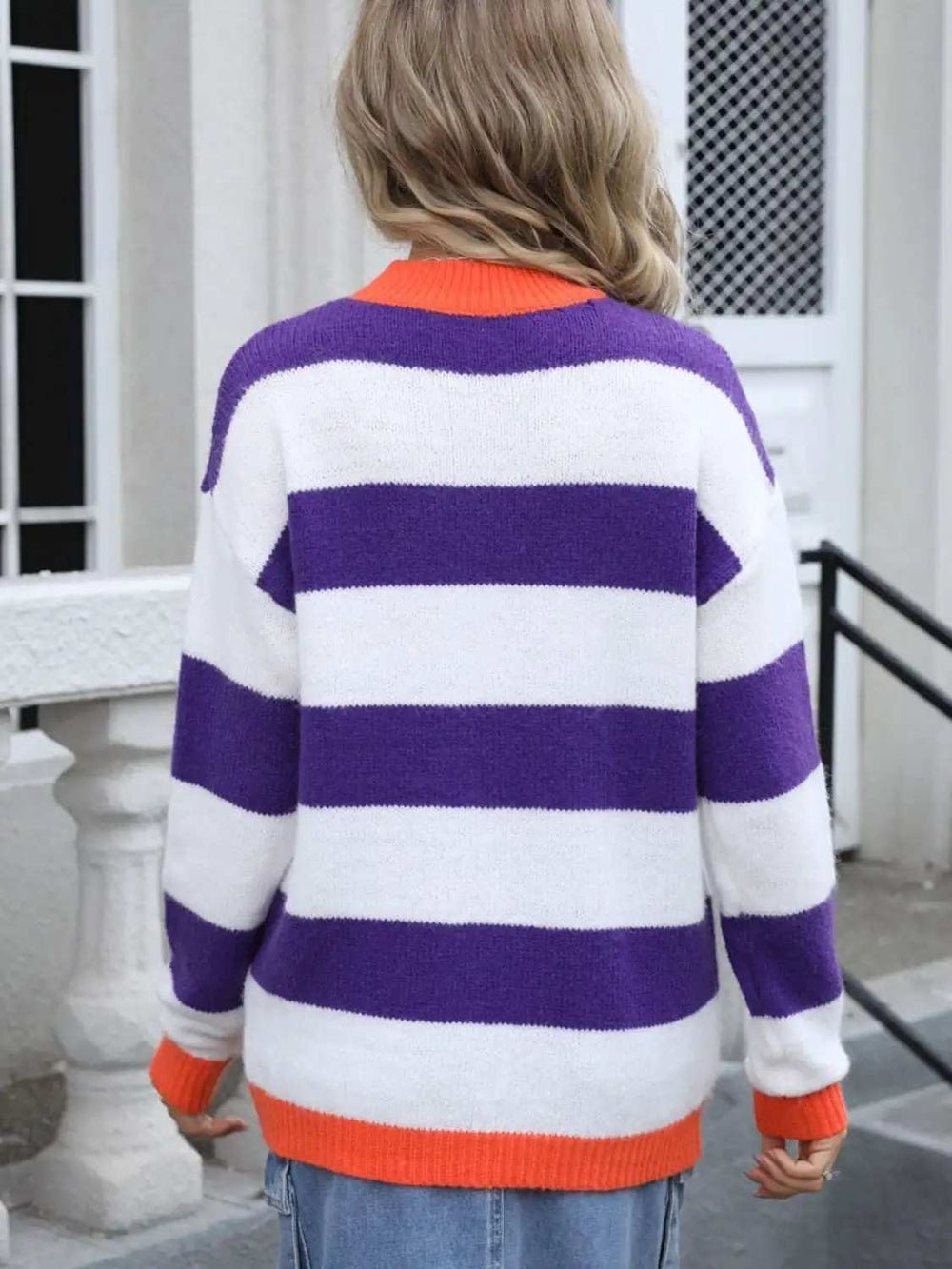 Contrast Striped Round Neck Sweater - Trendsi - Flyclothing LLC