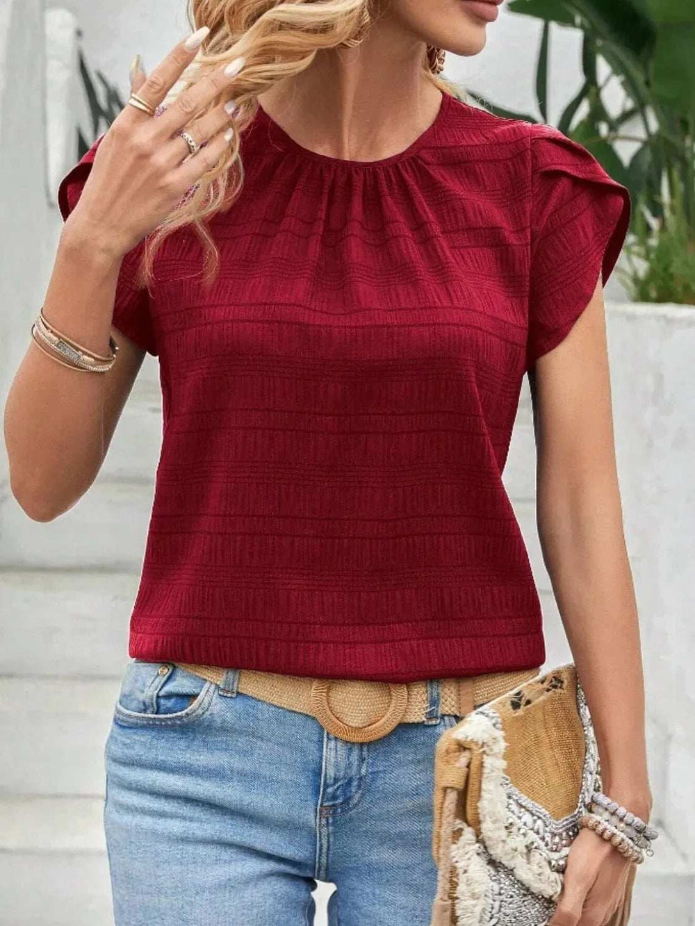 Round Neck Petal Sleeve Top - Trendsi - Flyclothing LLC