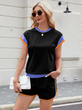 Contrast Round Neck Top and Shorts Set - Trendsi - Flyclothing LLC