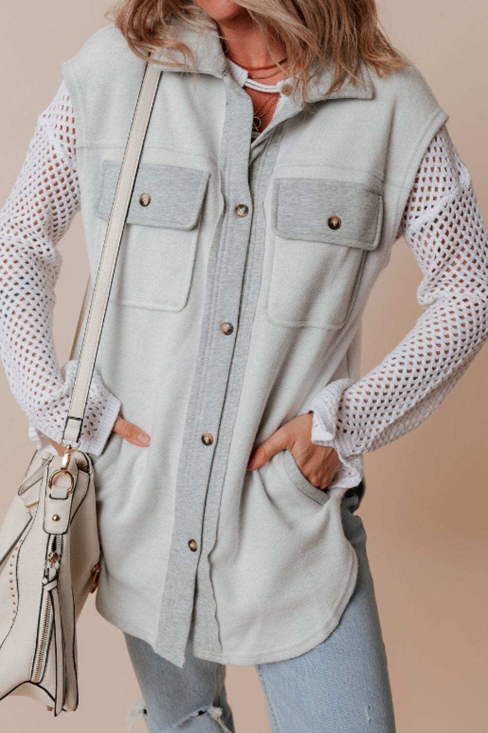 Pocketed Curved Hem Button Up Vest - Trendsi - Flyclothing LLC