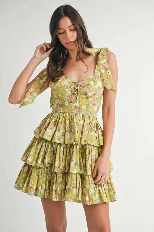 MABLE Floral Print Shoulder Tie Layered Mini Dress - Trendsi - Flyclothing LLC