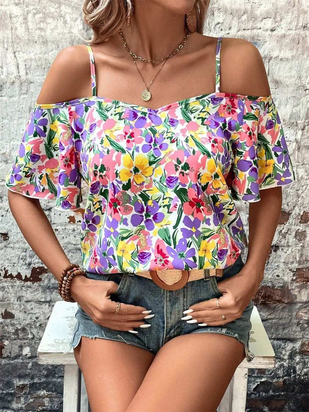 Floral Half Sleeve Blouse - Trendsi - Flyclothing LLC
