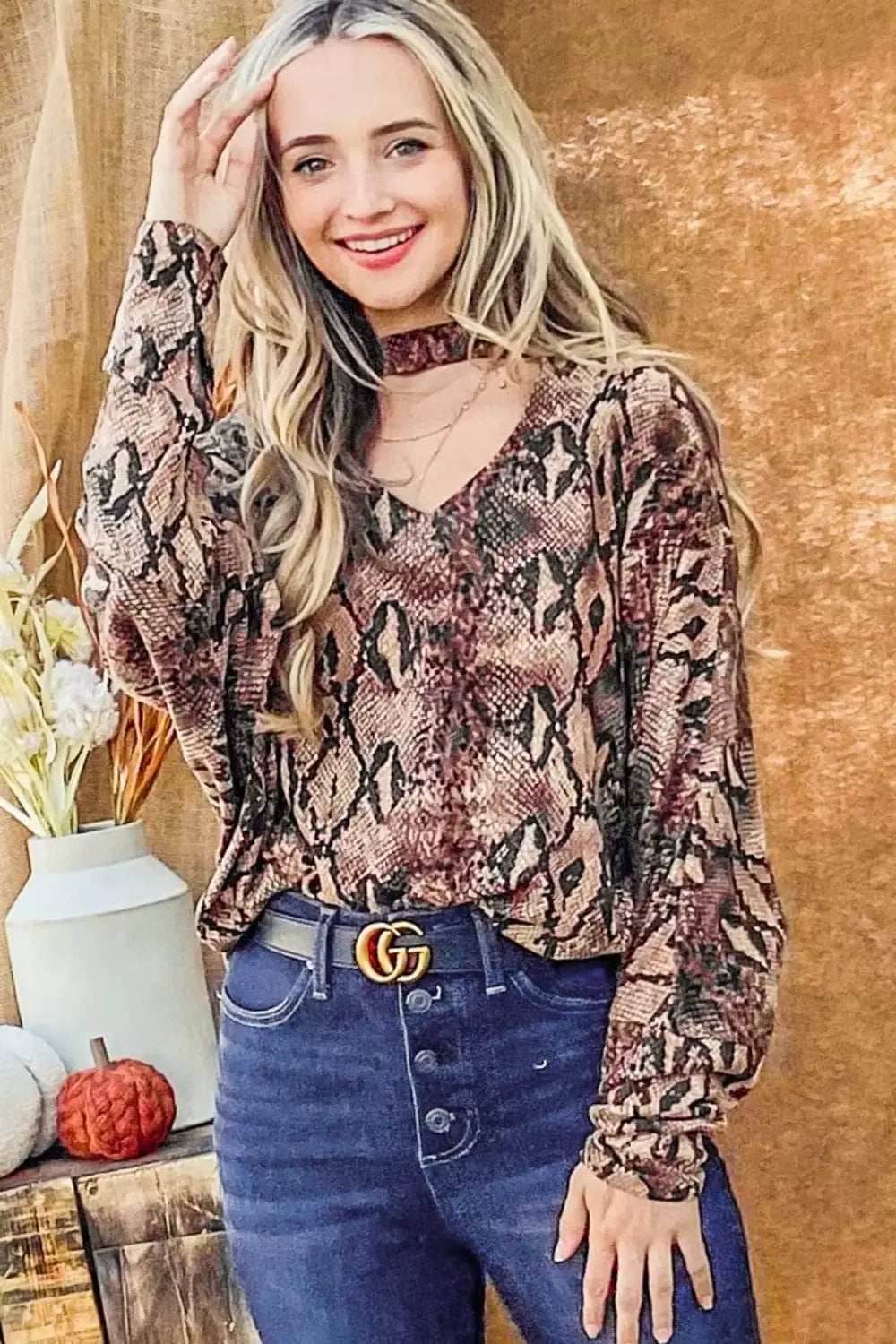 And The Why Choker Neck Dolman Sleeve Snake Print Top - Trendsi - Flyclothing LLC