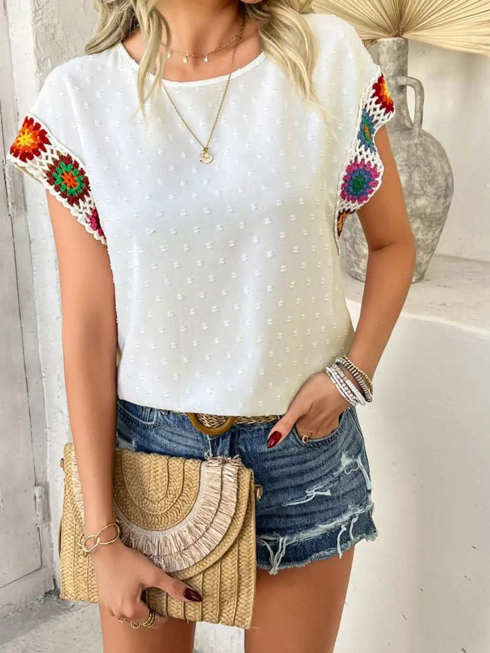 Devine Swiss Dot Round Neck Crochet Short Sleeve Top - Trendsi - Flyclothing LLC