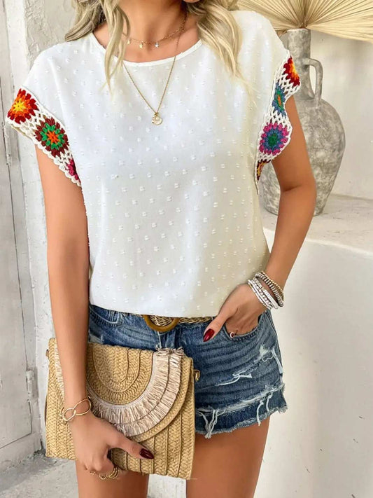 Devine Swiss Dot Round Neck Crochet Short Sleeve Top - Trendsi - Flyclothing LLC