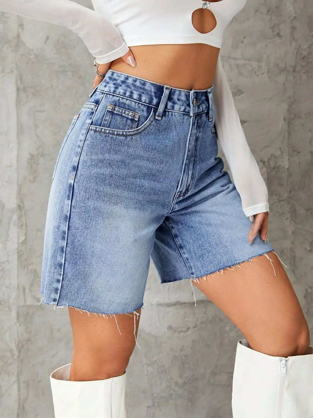 Frayed Hem Denim Shorts - Trendsi - Flyclothing LLC
