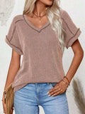 Exposed Seam V-Neck Short Sleeve Top - Trendsi - Flyclothing LLC