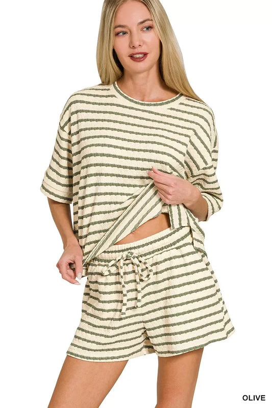 Zenana Striped Short Sleeve Tee & Shorts Set - Trendsi - Flyclothing LLC