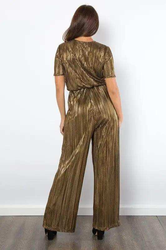 Be Stage Surplice Short Sleeve Pleated Foil Jumpsuit - Trendsi - Flyclothing LLC