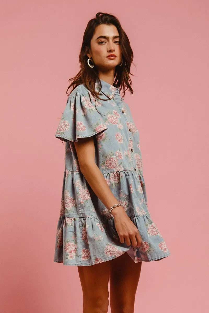 BiBi Floral Print Washed Lightweight Tiered Shirt Dress - Trendsi - Flyclothing LLC