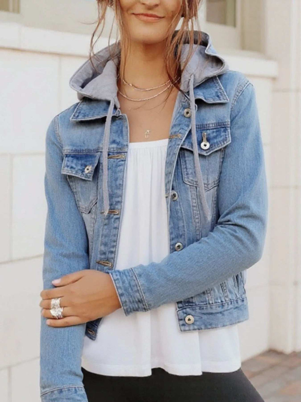 Full Size Button Up Drawstring Hooded Denim Jacket Plus Size - Trendsi - Flyclothing LLC