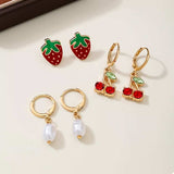 3 Piece 18K Gold-Plated Strawberry Cherry and Pearl Earrings - Trendsi - Flyclothing LLC