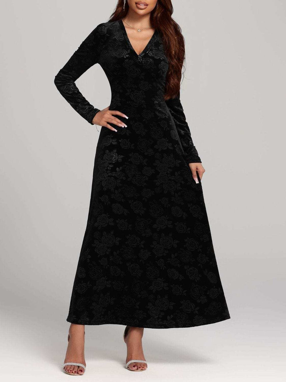 Rose Print V-Neck Long Sleeve Dress - Trendsi - Flyclothing LLC