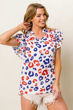 BiBi Leopard Notched Ruffled Cap Sleeve Blouse - Trendsi - Flyclothing LLC