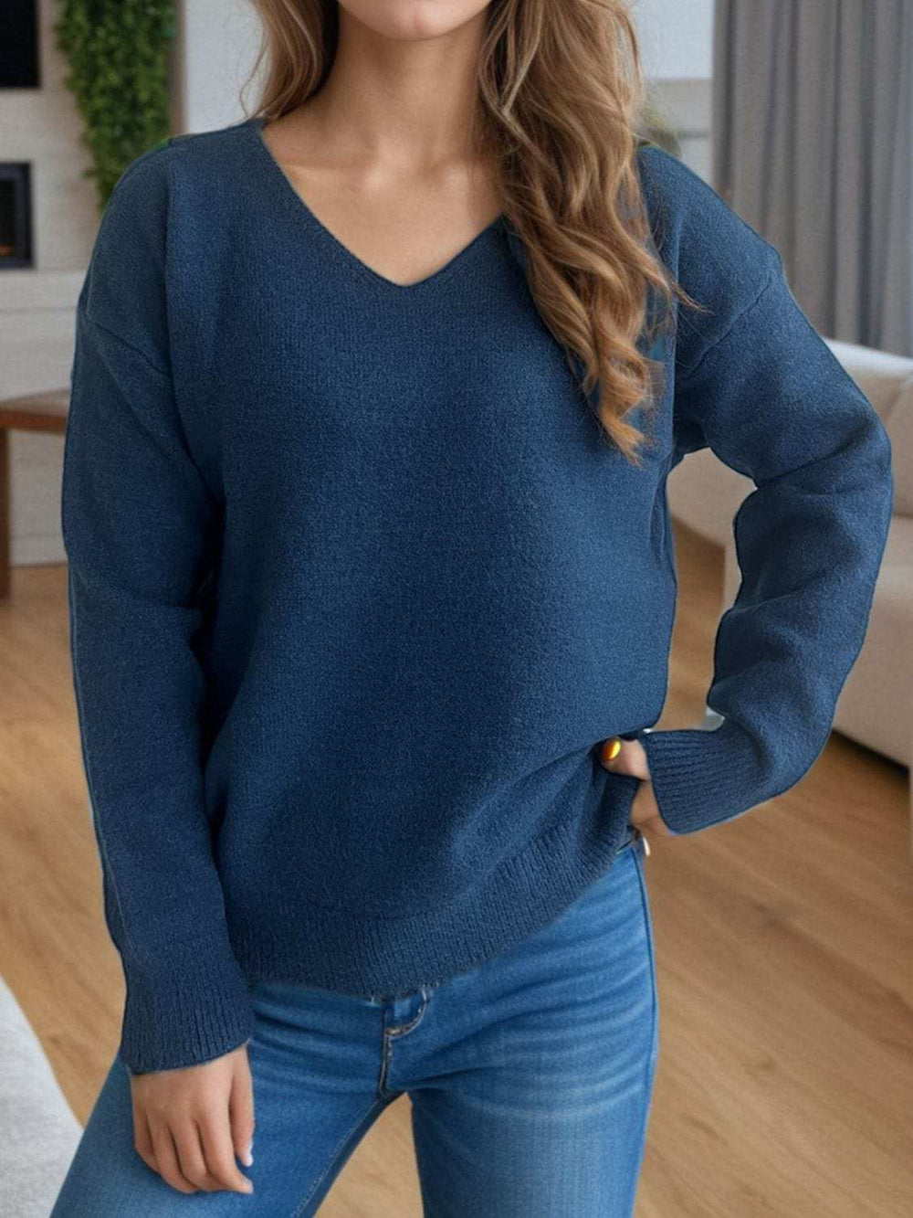 V-Neck Dropped Shoulder Long Sleeve Sweater - Trendsi - Flyclothing LLC