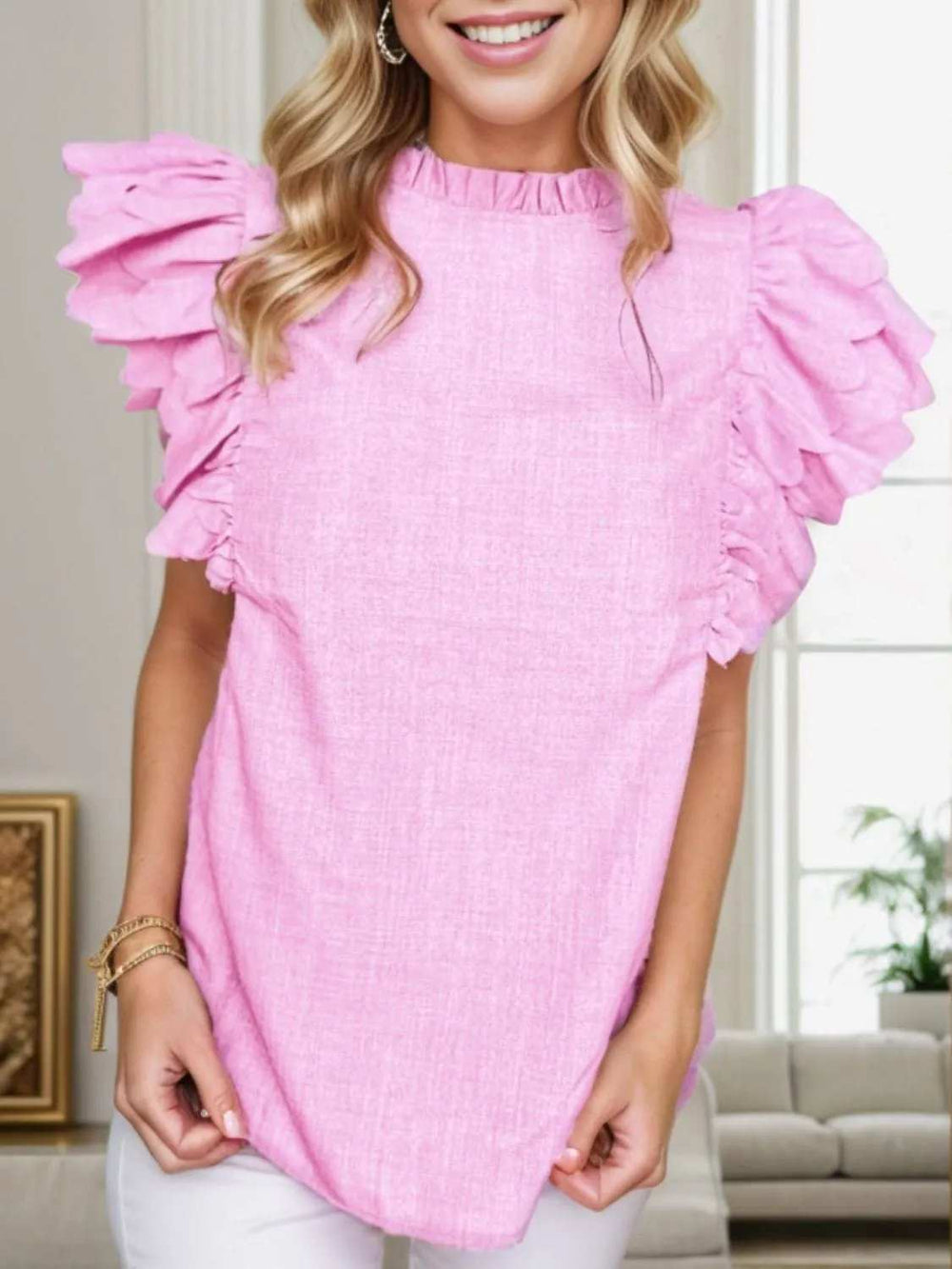 Ruffled Mock Neck Cap Sleeve Blouse - Trendsi - Flyclothing LLC