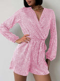 Full Size Sequin Surplice Tie Waist Long Sleeve Romper - Trendsi - Flyclothing LLC