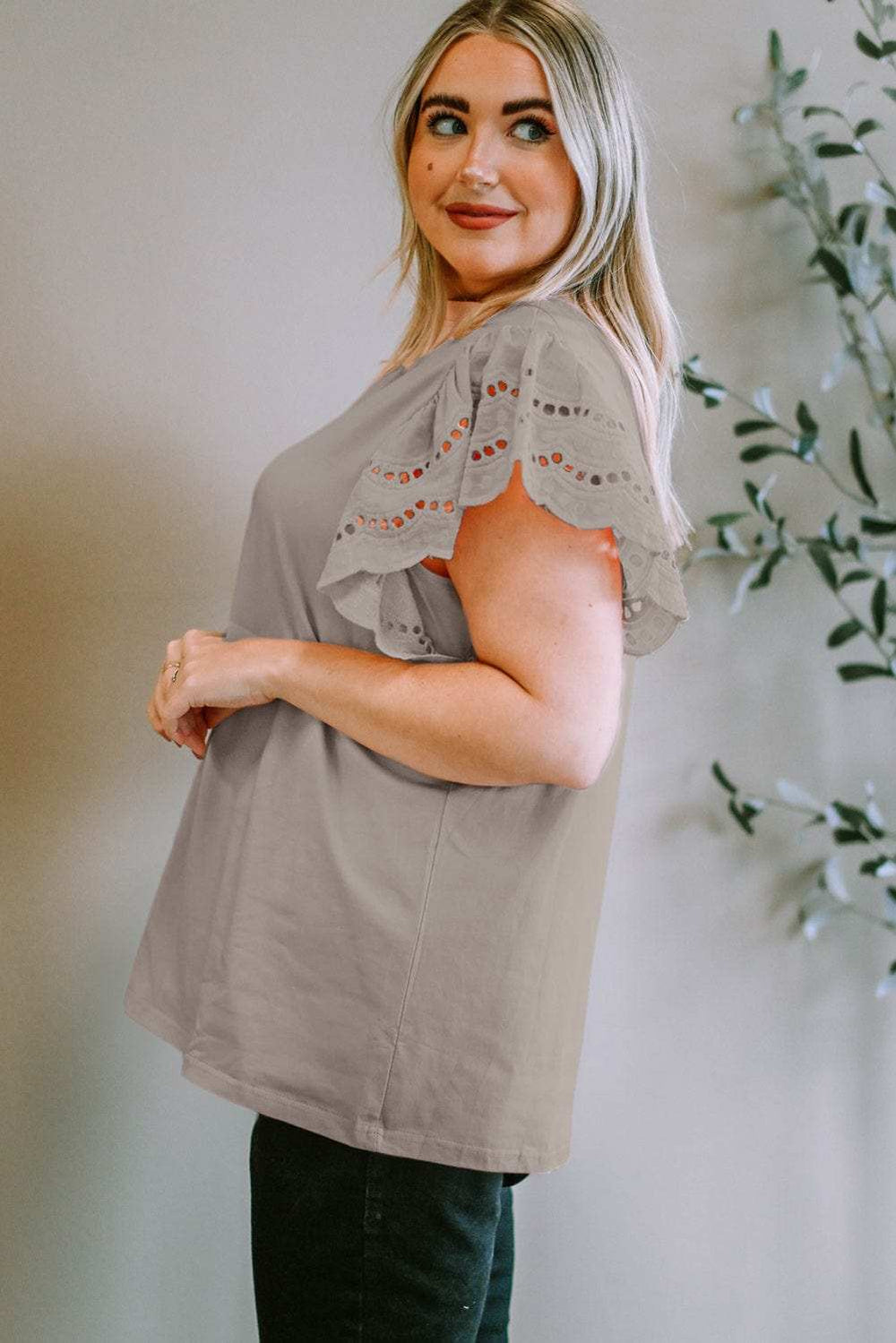 Plus Size Eyelet Round Neck Short Sleeve Blouse - Trendsi - Flyclothing LLC