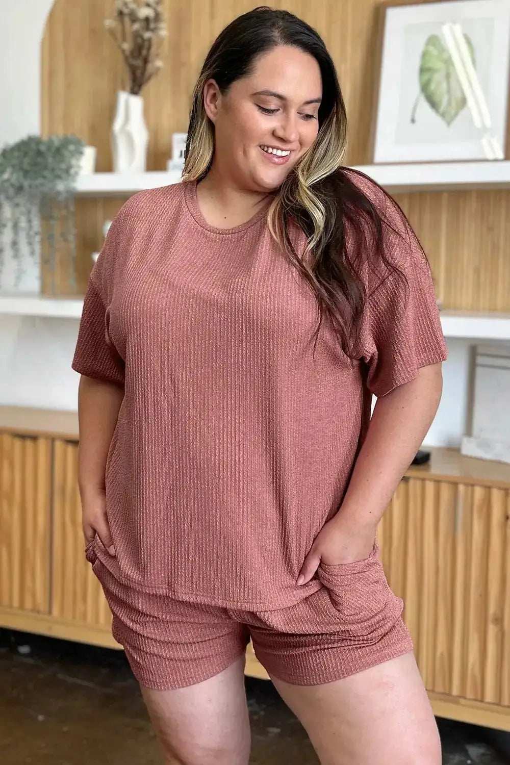 Double Take Full Size Round Neck Short Sleeve T-Shirt and Shorts Set - Trendsi - Flyclothing LLC