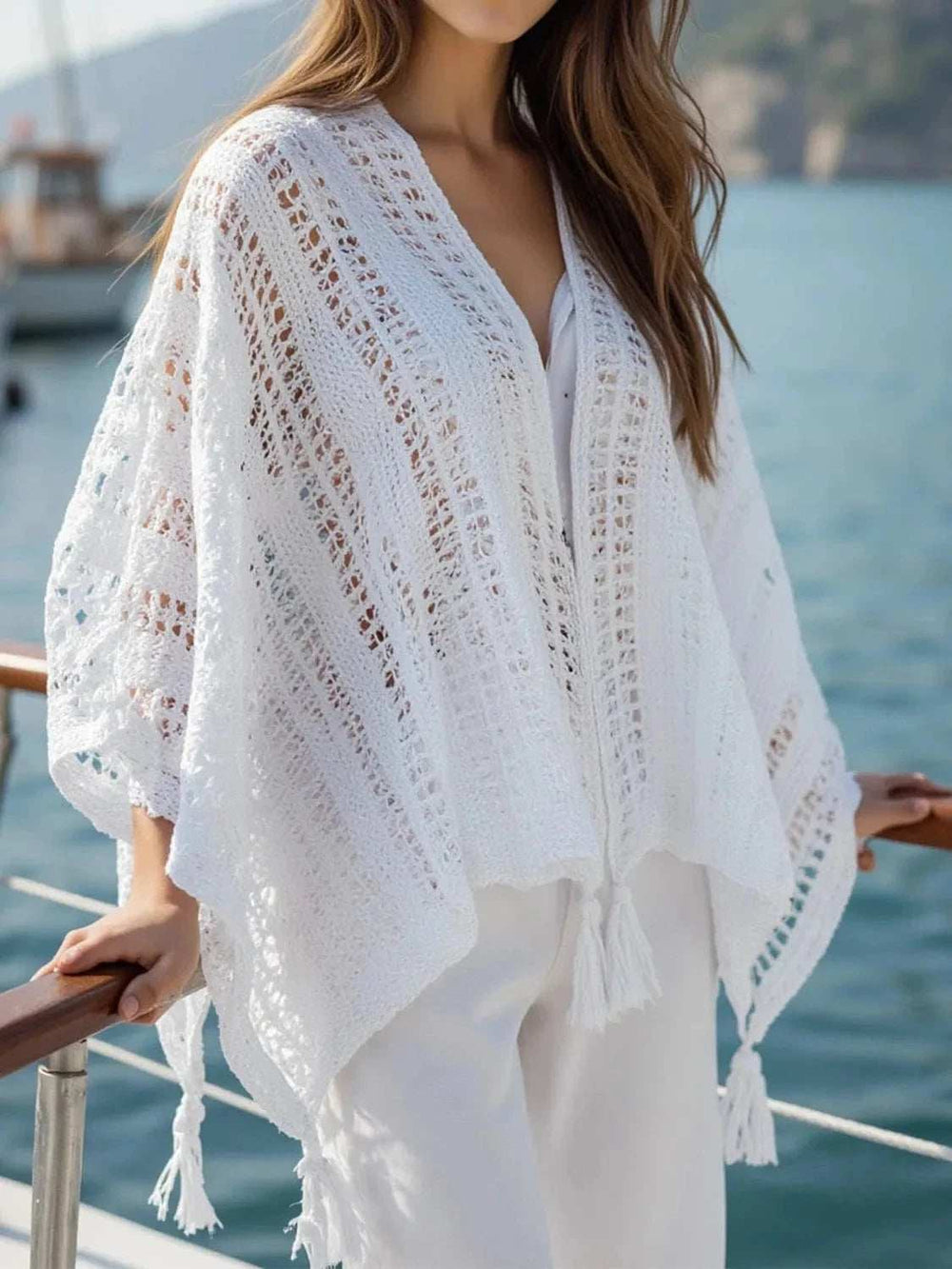 Openwork Tassel Open Front Knit Cover Up - Trendsi - Flyclothing LLC