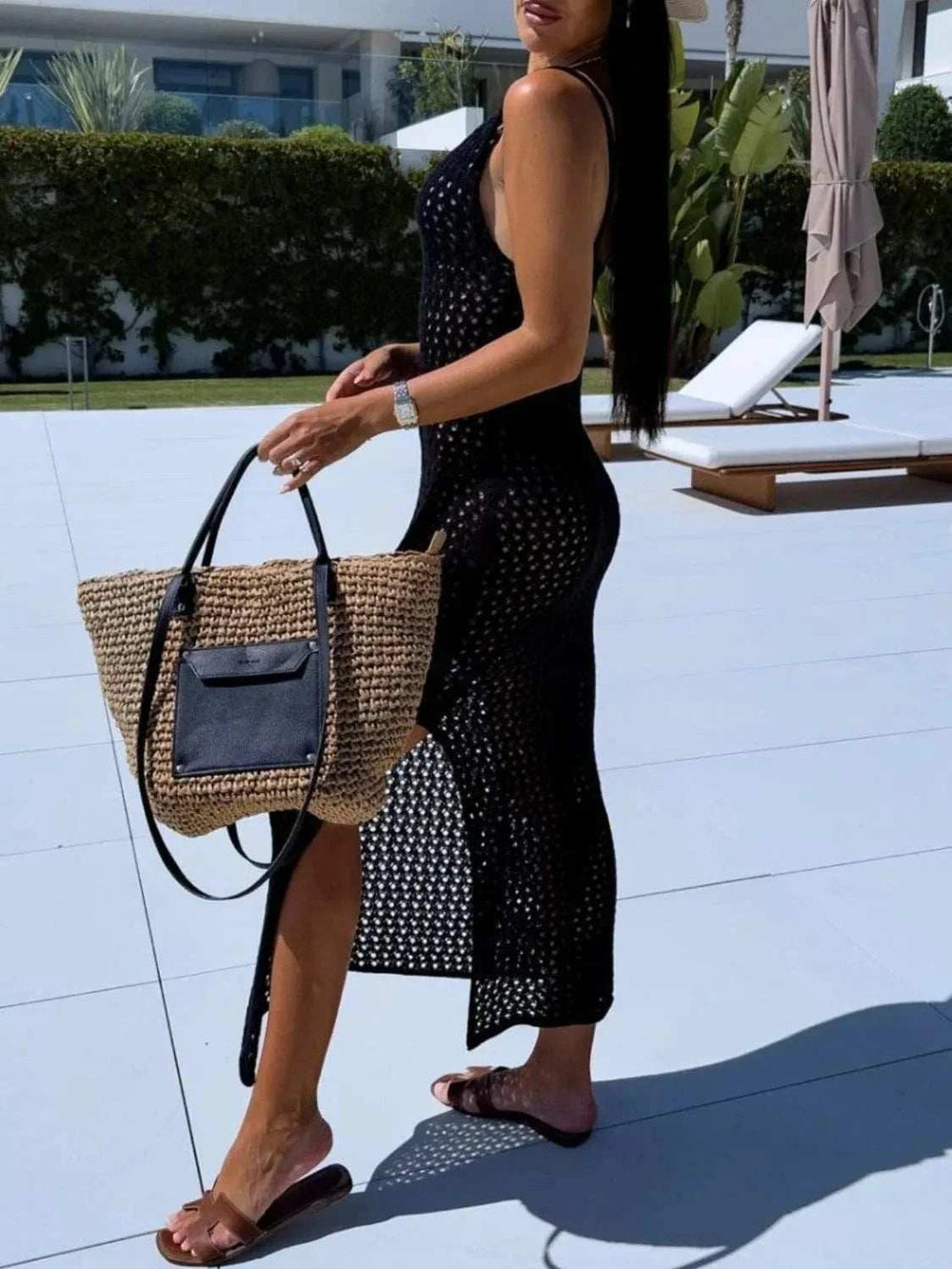 Openwork Slit Scoop Neck Sweater Dress - Trendsi - Flyclothing LLC