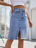 Raw Hem Slit Denim Skirt - Trendsi - Flyclothing LLC