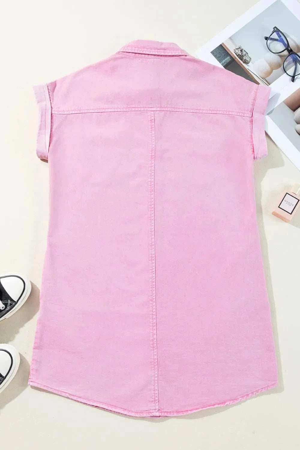 Button Down Short Sleeve Denim Dress - Trendsi - Flyclothing LLC