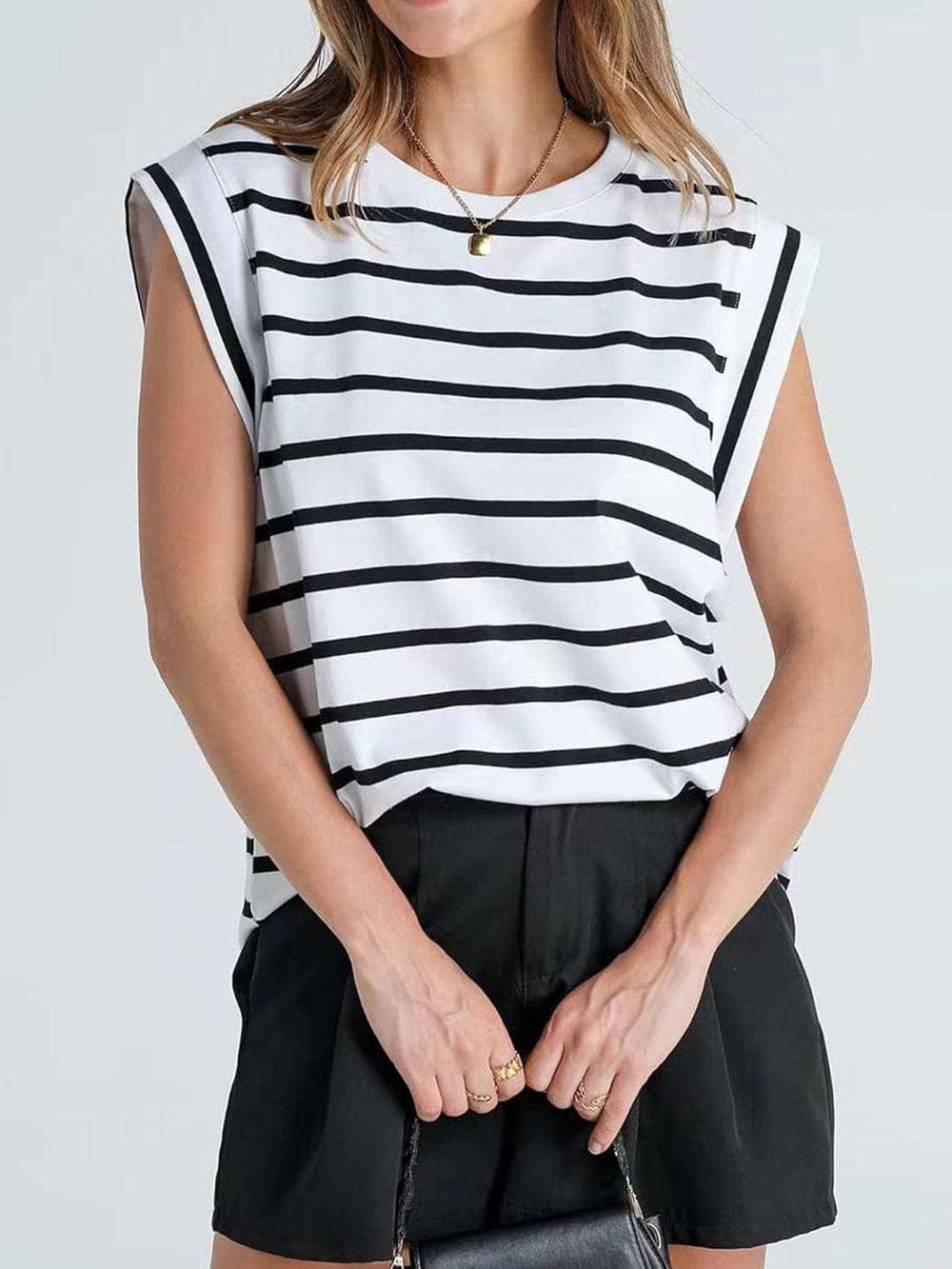 Striped Round Neck Cap Sleeve T-Shirt - Trendsi - Flyclothing LLC