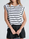 Striped Round Neck Cap Sleeve T-Shirt - Trendsi - Flyclothing LLC