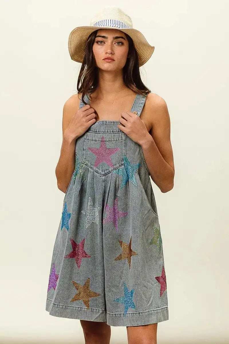 BiBi Star Rhinestone Washed Wide Leg Shortalls - Trendsi - Flyclothing LLC