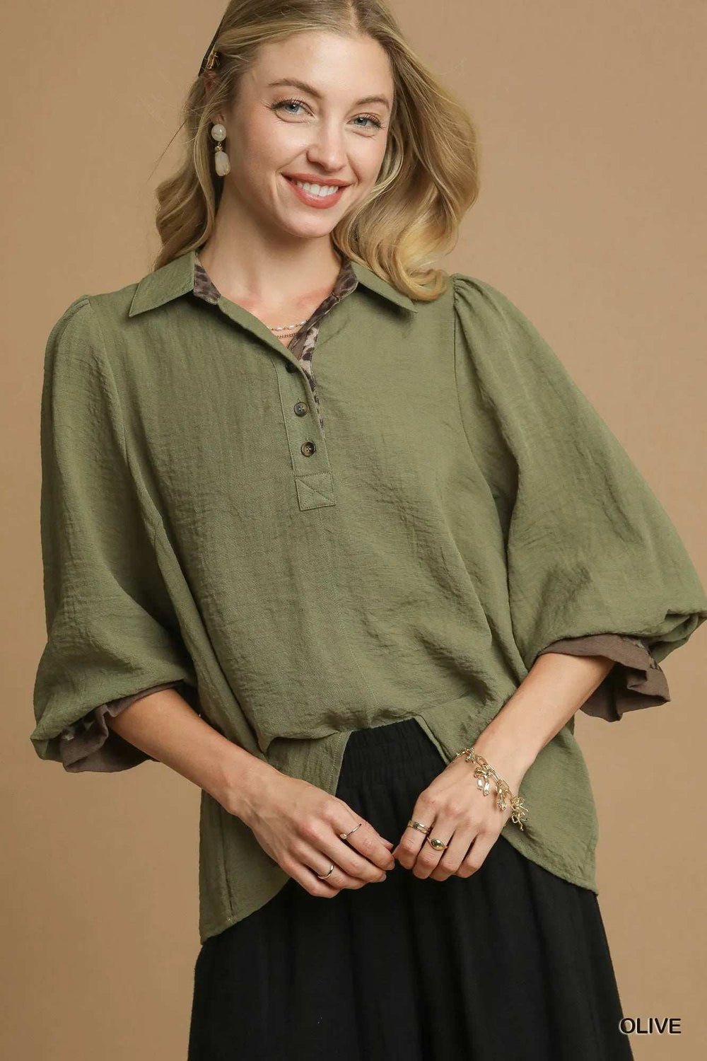 Umgee Half Button Blouse with Leopard Print Trim - Trendsi - Flyclothing LLC