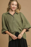 Umgee Half Button Blouse with Leopard Print Trim - Trendsi - Flyclothing LLC