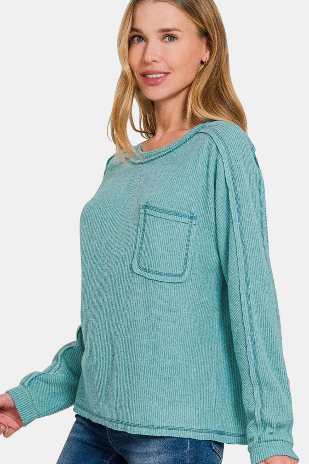 Zenana Full Size Contrast Stitching Brushed Ribbed Hacci Knit Top Plu Size - Trendsi - Flyclothing LLC