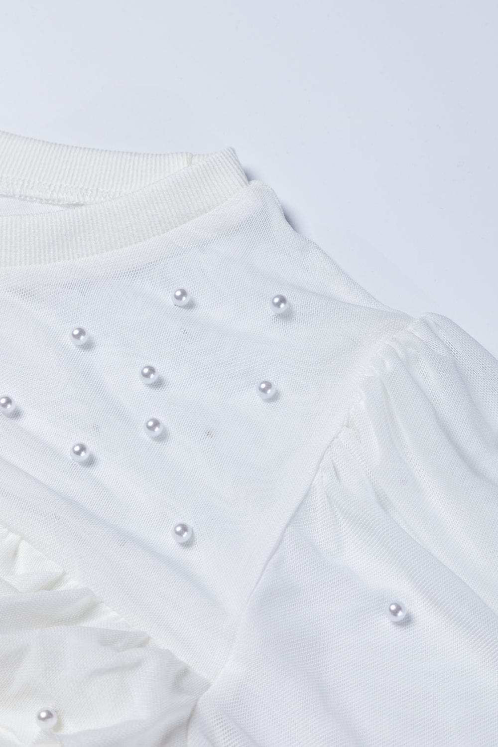 Pearl Decor Mesh Patchwork Ribbed Long Sleeve Top - Trendsi - Flyclothing LLC