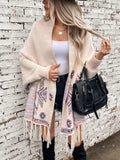 Fringe Geometric Open Front Long Sleeve Cape - Trendsi - Flyclothing LLC